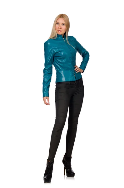 Pretty woman in blue leather jacket — Stock Photo, Image