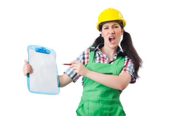 Female workman in green overalls — Stock Photo, Image