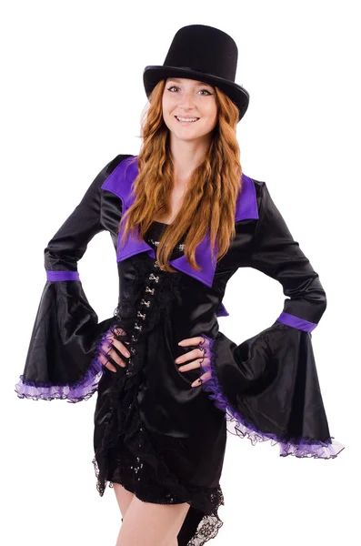 Chica bonita en ropa de carnaval púrpura y sombrero aislado en blanco —  Fotos de Stock