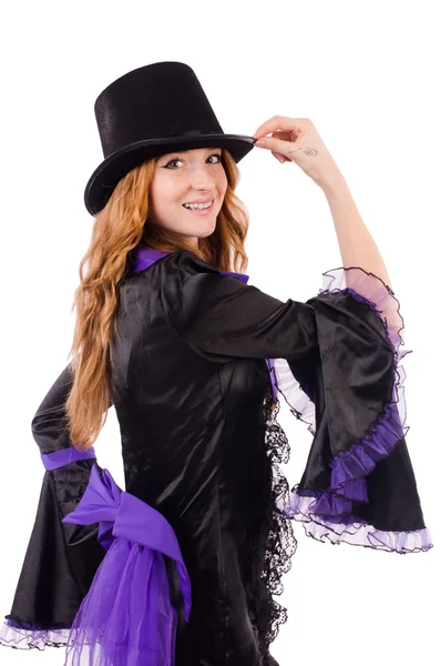 Pretty girl in purple carnival clothing and hat isolated on white — Stock Photo, Image