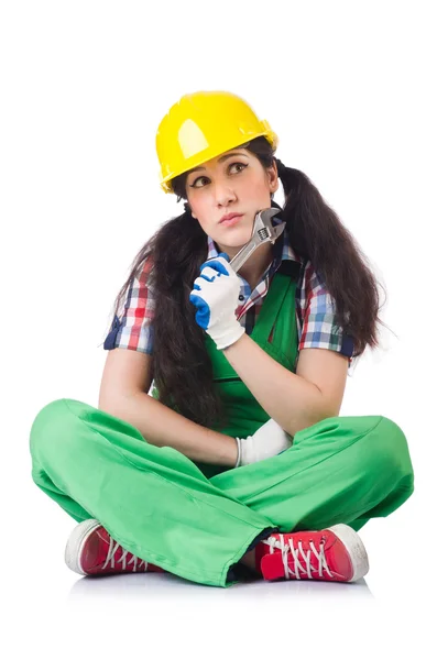 Female workman in green overalls — Stock Photo, Image