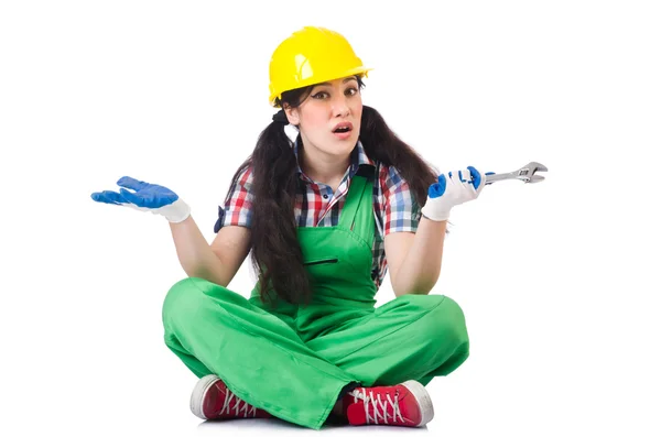 Female workman in green overalls — Stock Photo, Image