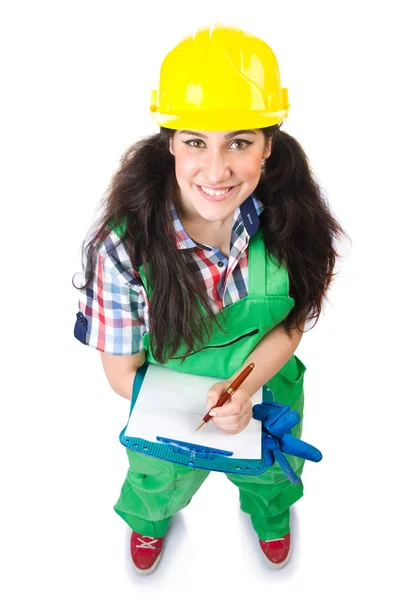 Female workman in green overalls — Stock Photo, Image