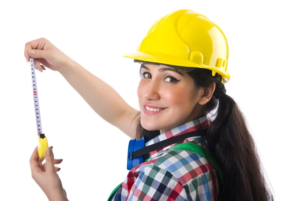 Female workman in green overalls — Stock Photo, Image