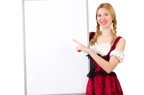 Mulher em traje bávaro com cartaz — Fotografia de Stock