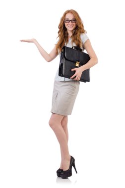 Genç ve güzel çalışan beyaz izole evrak çantası ile