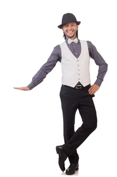 Genç adam gri gömlek ve siyah şapka üzerinde beyaz izole — Stok fotoğraf