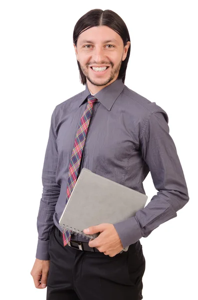 Молодой бизнесмен с бумагой, изолированной на белом — стоковое фото
