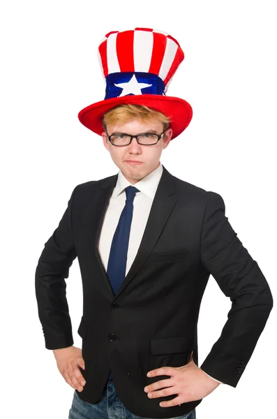 Zakenman met Amerikaanse hoed geïsoleerd op wit — Stockfoto