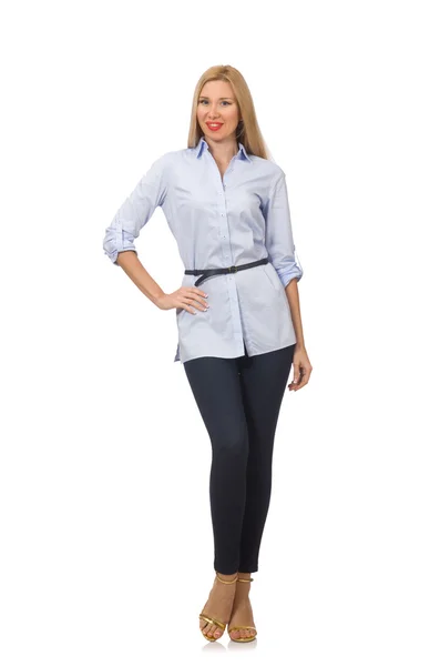 Жінка в блакитній блузці ізольована на білому — стокове фото