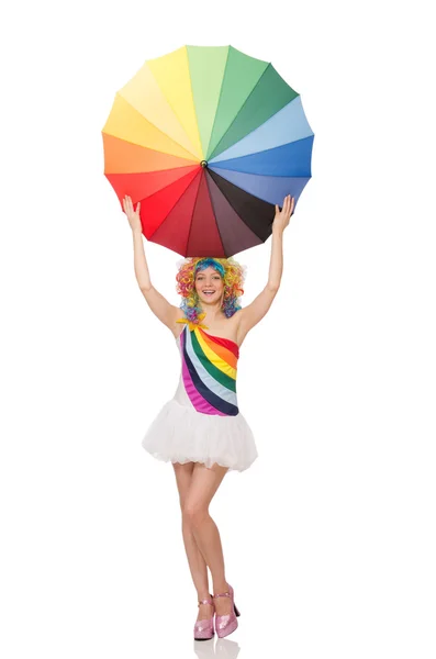 Mujer con paraguas colorido en blanco — Foto de Stock