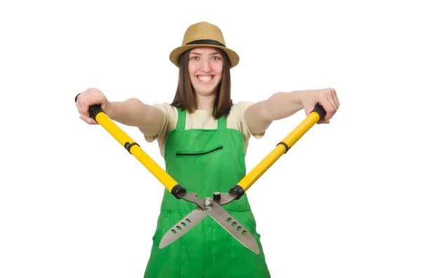 Mujer joven en sombrero con tijeras — Foto de Stock