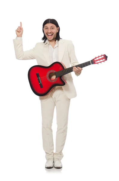 Uomo con chitarra isolata su bianco — Foto Stock