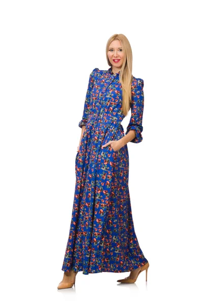Młoda kobieta w niebieska sukienka kwiatowy — Zdjęcie stockowe