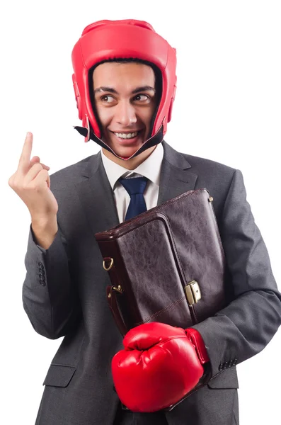 Young businessman with briefcase and box gloves — Stock Photo, Image