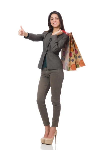 Vonzó nő bevásárló táskák elszigetelt fehér — Stock Fotó