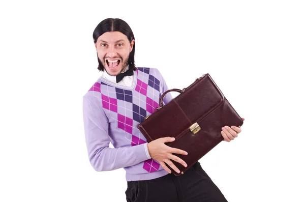 Smiling man with briefcase isolated on white — Stock Photo, Image