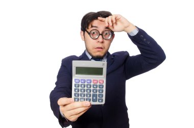 Komik adam beyaz izole hesap makinesi ile