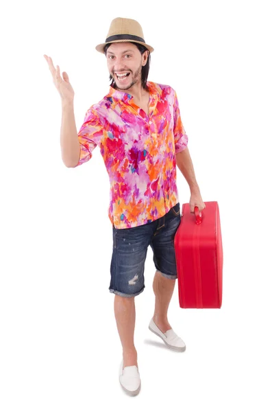 Turista con maleta aislada en blanco — Foto de Stock