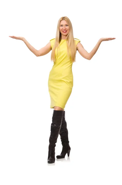 Mooi eerlijk meisje in gele jurk geïsoleerd op wit — Stockfoto