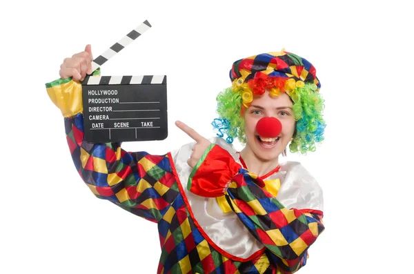 Clown avec film clapper isolé sur blanc — Photo