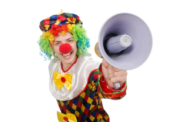 Clown con altoparlante isolato su bianco — Foto Stock