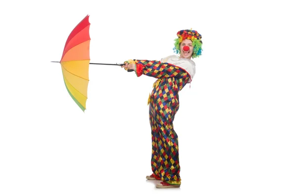 Clown met paraplu geïsoleerd op wit — Stockfoto