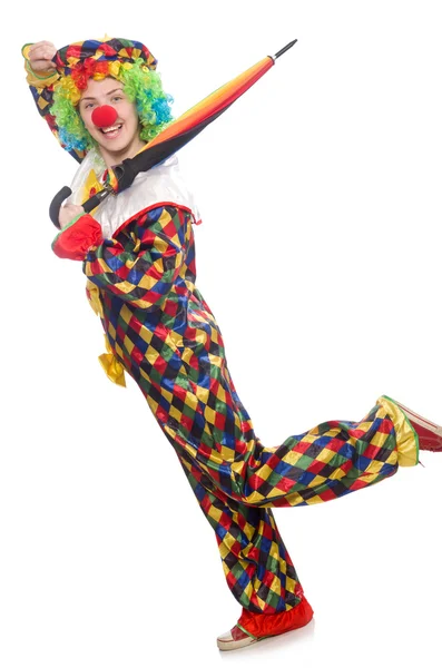 Clown with umbrella isolated on white — Stock Photo, Image