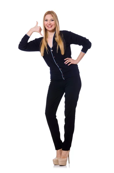 Высокая молодая женщина в черной одежде изолирована на белом — стоковое фото