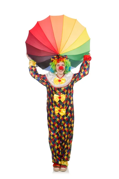 Klaun s deštníkem izolovaným na bílém — Stock fotografie