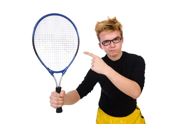 Grappige tennisspeler geïsoleerd op wit — Stockfoto