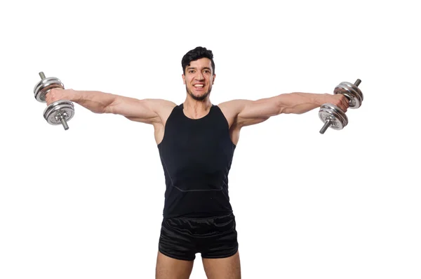 Hombre con mancuernas aisladas en blanco — Foto de Stock