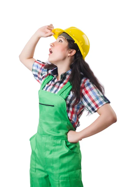 Θηλυκό εργάτης μέσα στα πράσινα φόρμες που απομονώνονται σε λευκό — Φωτογραφία Αρχείου