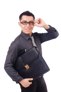 Genç adam beyaz izole evrak çantası elinde