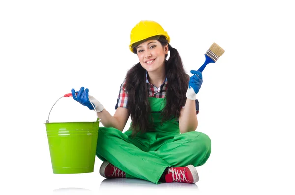 Kobiece robotnika w zielony kombinezon na białym tle — Zdjęcie stockowe