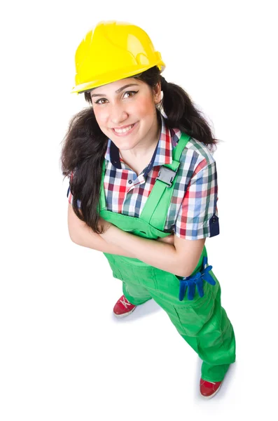 Female workman in green overalls isolated on white — Stock Photo, Image