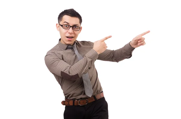 Hombre joven en camisa marrón aislado en blanco — Foto de Stock