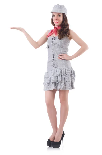 Junge Frau in grau gestreiftem Kleid isoliert auf weiß — Stockfoto