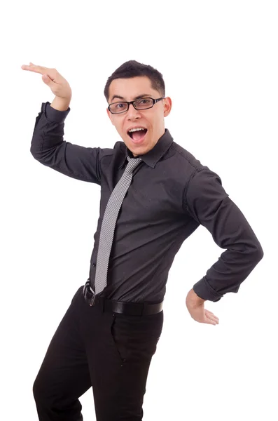 Hombre joven en traje gris aislado en blanco —  Fotos de Stock