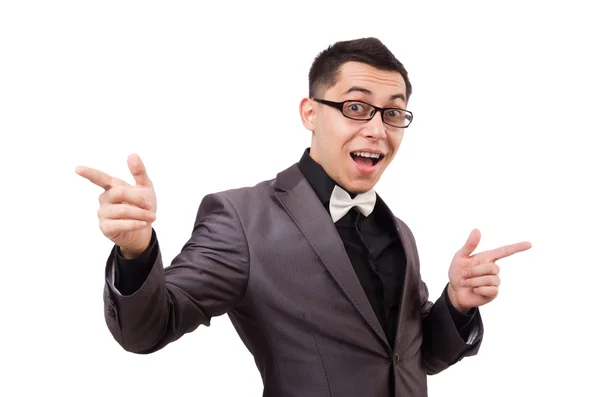 Hombre joven en traje gris aislado en blanco —  Fotos de Stock