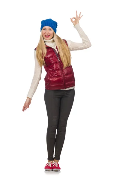 Blond hair girl in bordo vest isolated on white — Stock Photo, Image