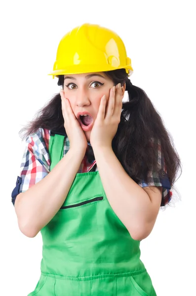 Vrouwelijke workman in groene overall geïsoleerd op wit — Stockfoto