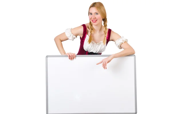 Femme en costume bavarois avec affiche — Photo