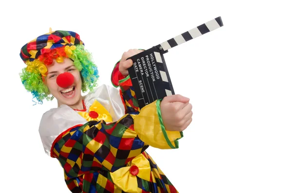 Clown med filmen clapper isolerad på vit — Stockfoto