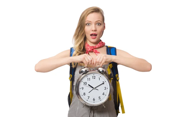 Vrouw student ontbreekt deadlines geïsoleerd op wit — Stockfoto