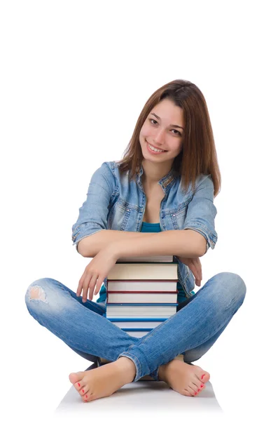 Student girl with books on white — Stock Photo, Image