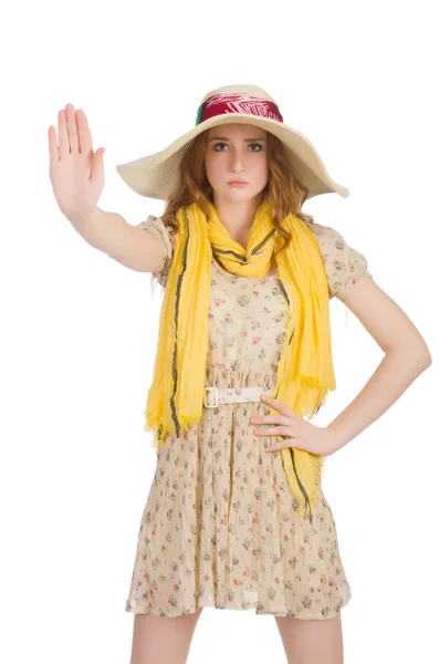 Mooi rood haar meisje in de zomer jurk geïsoleerd op wit — Stockfoto