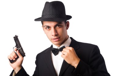 Zarif delikanlı üzerinde beyaz izole tabanca tutan