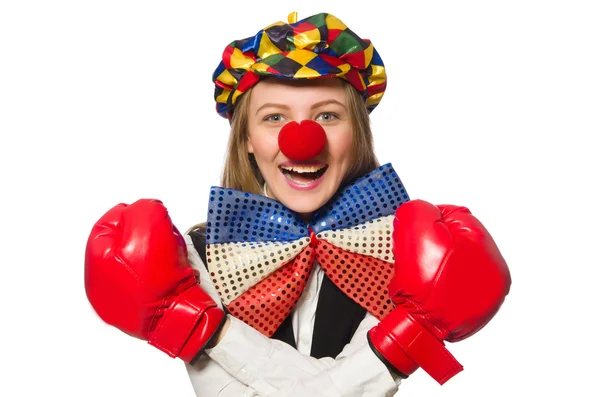 Jolie clown femelle avec des gants de boîte isolés sur blanc — Photo