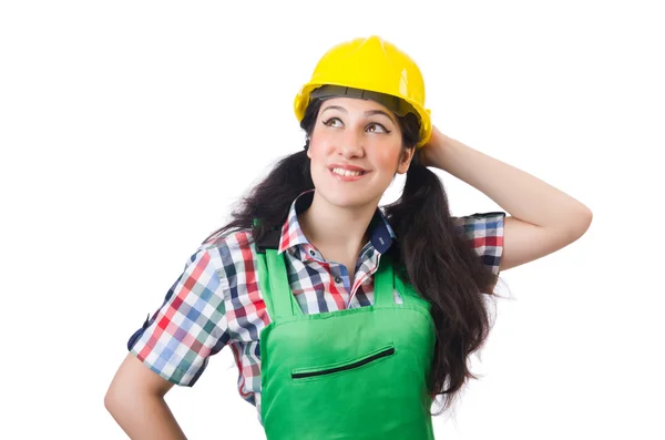 Female workman in green overalls isolated on white — Stock Photo, Image